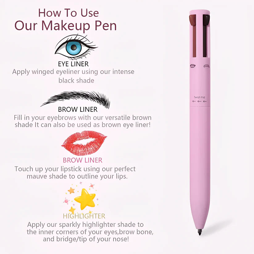 Multipurpose 4-in-1 Waterproof Makeup Pen - Eyeliner, Lip Liner, Eyebrow Pencil and Highlighter