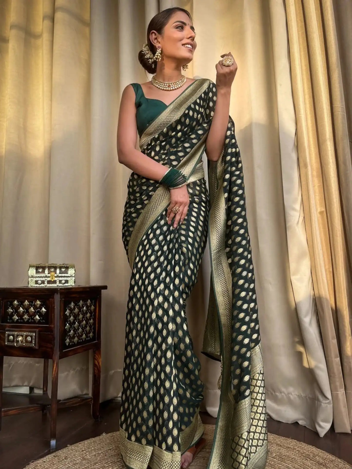 Banarasi Lichi Silk Contrast Border Saree With Attached Blouse Piece