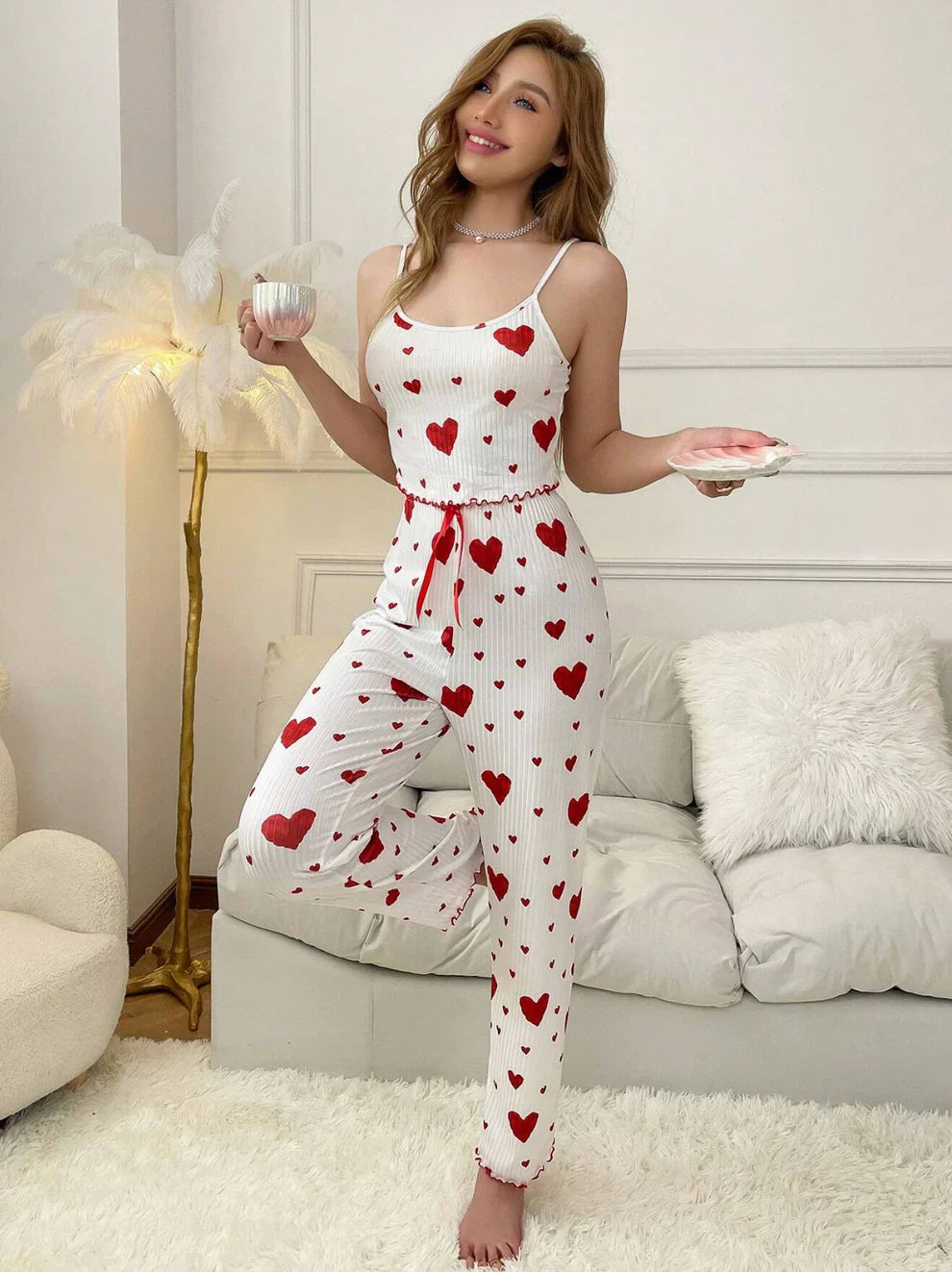 White And Red Heart Print Co Ord Set